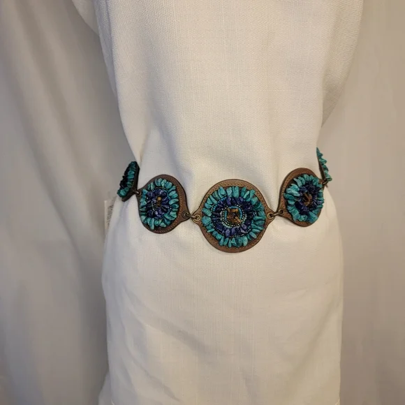 Chico's Leather Bronze Hip Belt Torquoise Teal Blue Stones Chain Concho Boho Y2K - Picture 1 of 7